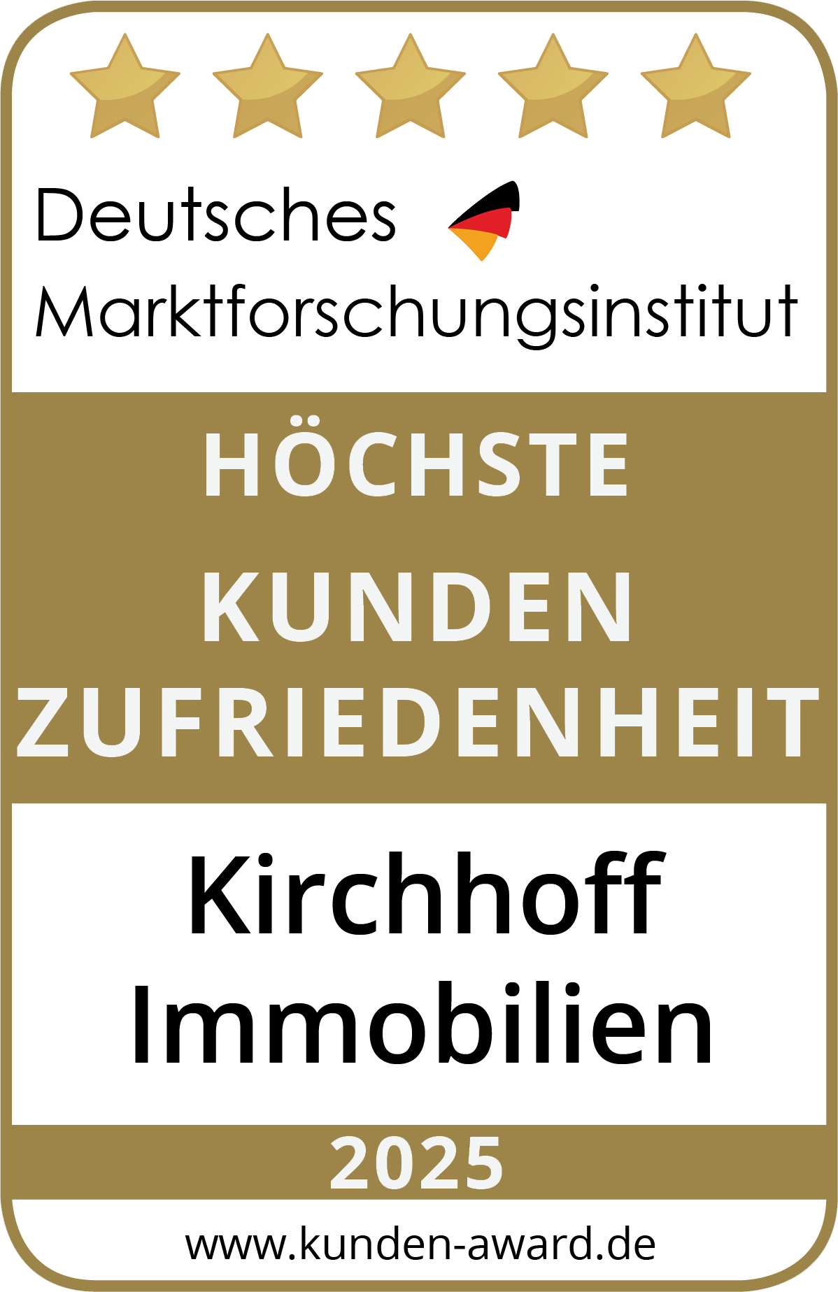 Höchste Kundenzufriedenheit 2025, 5 Sterne, Auszeichnung vom Deutschen Marktforschungsinstitut